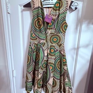 Anthropologie Green, Yellow & Brown Sunburst Print Midi Dress